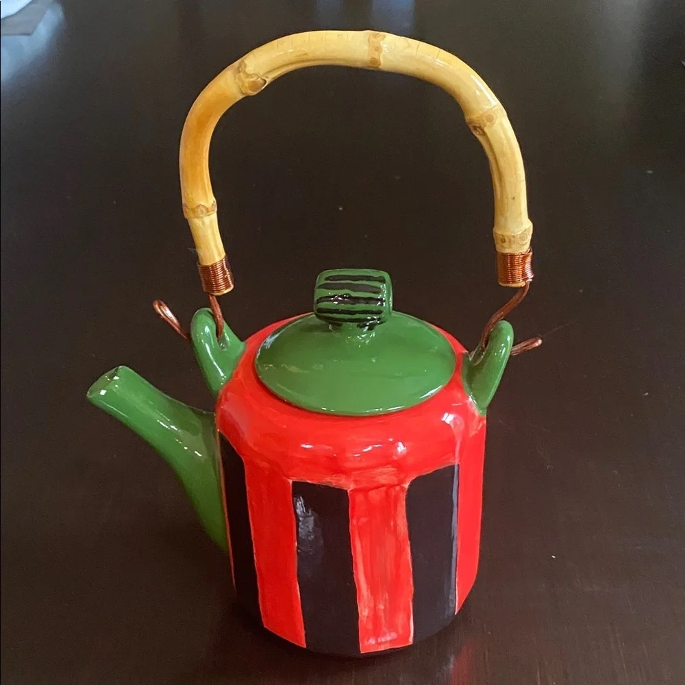 Whimsical Red and Green Ceramic Handpainted Teapot with Bamboo Handle.